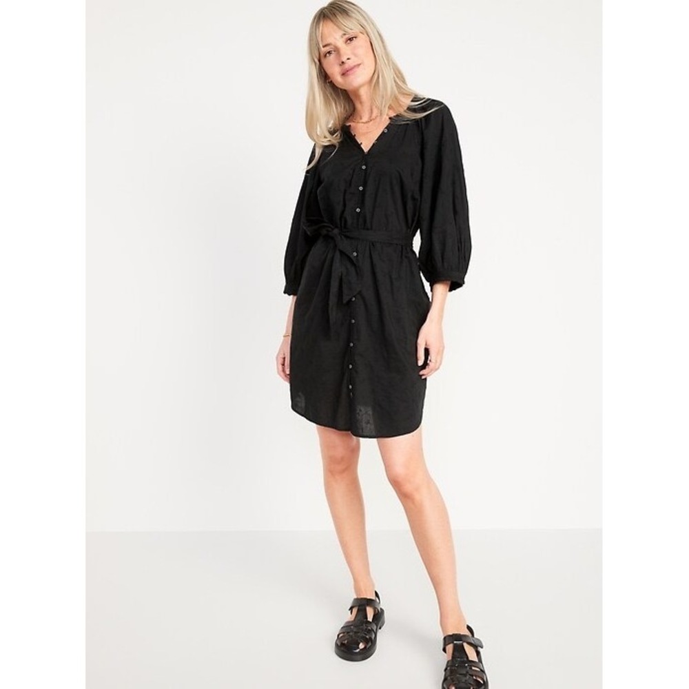 Old Navy Womens Black Eyelet Puff Sleeve Belted Mini Shirt Dress Small Petite